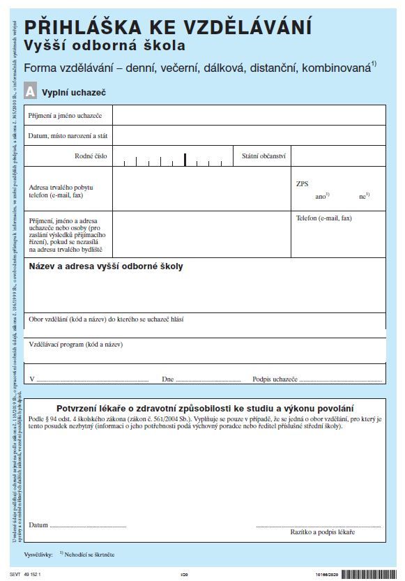 Přihláška ke vzdělávání na vyšší odborné škole