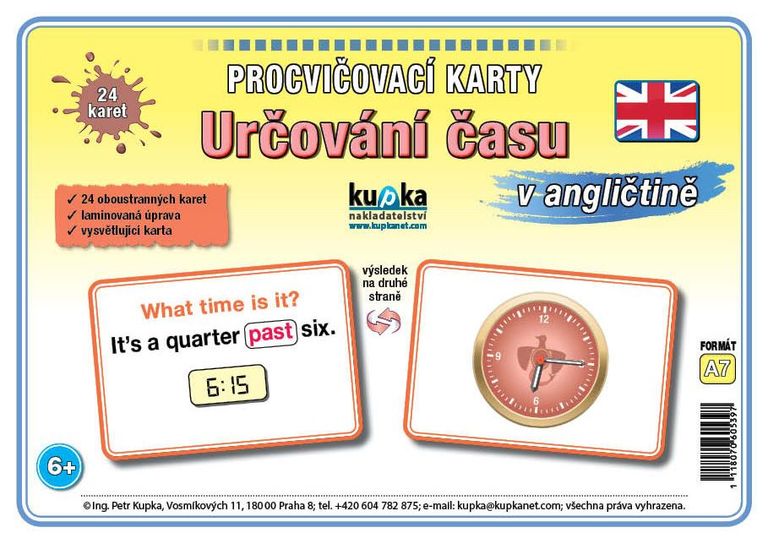 Procvičovací karty - určování času v angličtině A6 (15x10 cm)