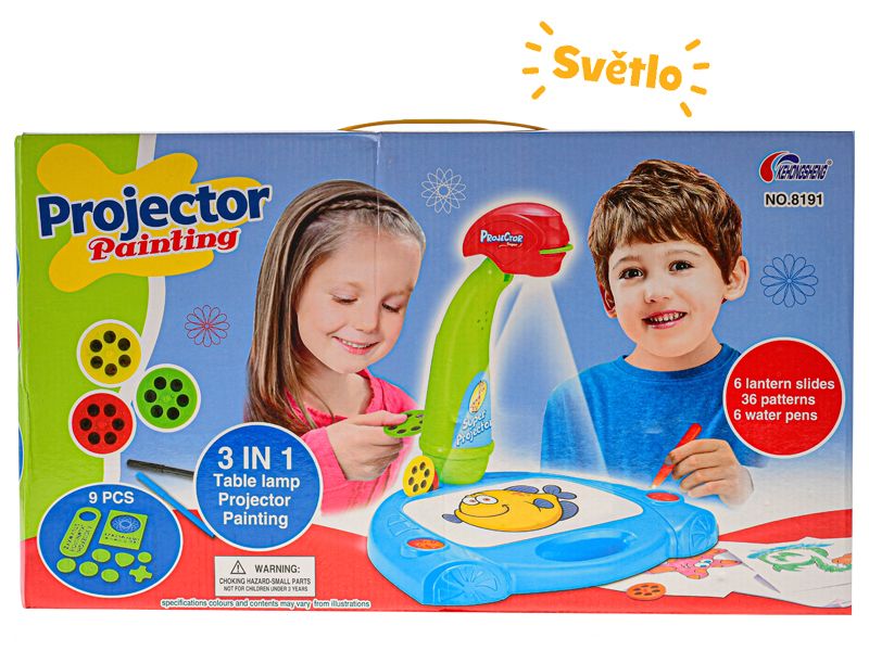 Projektor/ lampička na baterie se světlem, fixami a doplňky