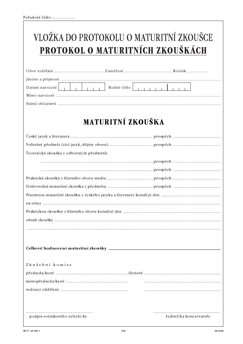 Protokol o maturitní zkoušce - 1 na žáka