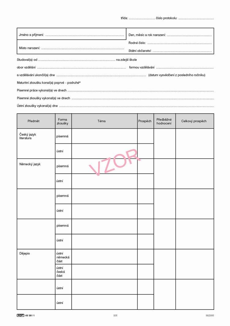Protokol o maturitní zkoušce pro česko-německé třídy (pro 1 žáka)