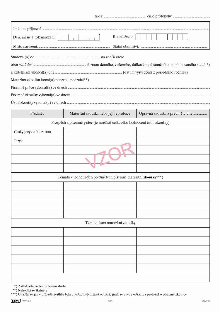 Protokol o maturitní zkoušce pro třídy gymnázií s výukou vybraných předmětů v cizím jazyce (pro jedn