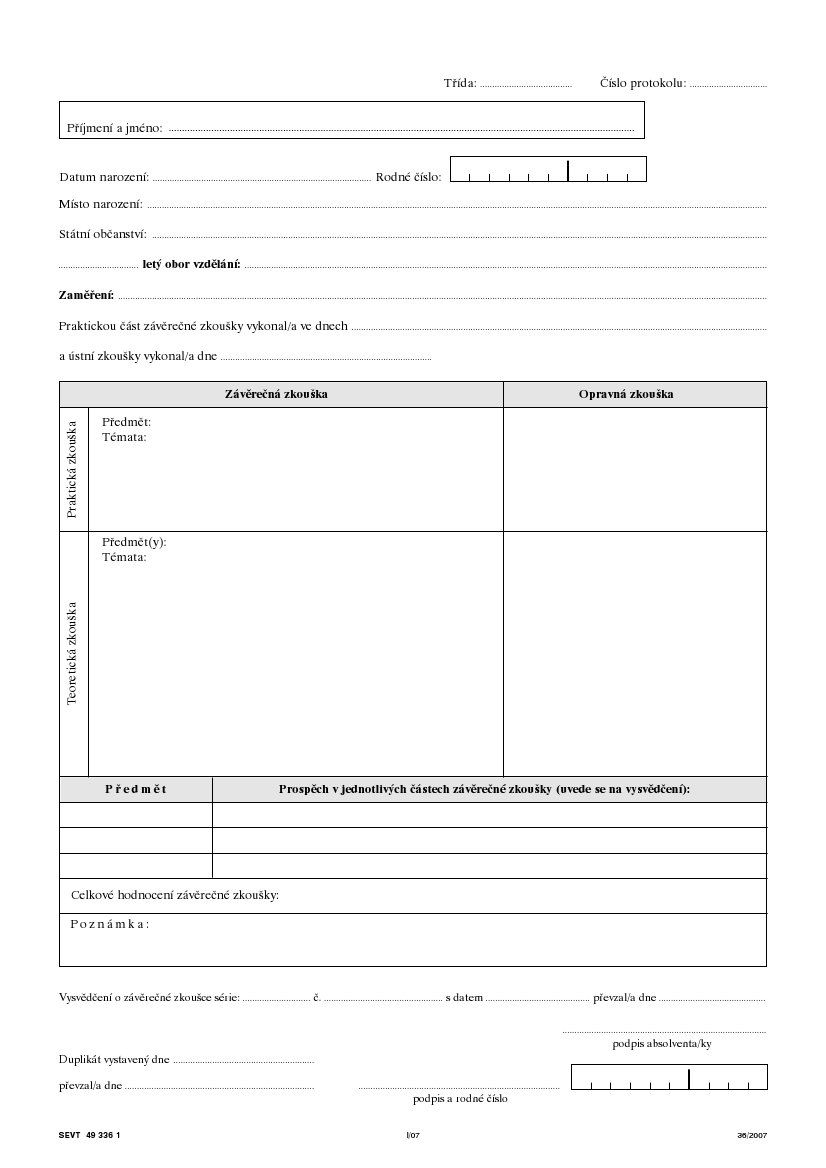 Protokol o závěrečné zkoušce - na žáka