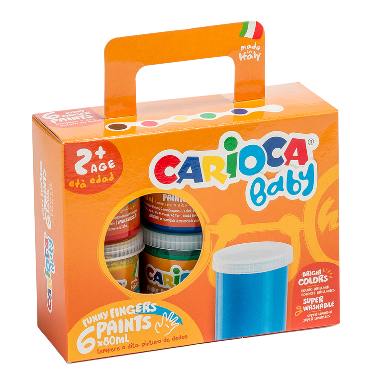 Prstové barvy Carioca Baby 2+, papírový kufřík - 6 × 80 ml