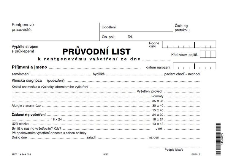 Průvodní list k rentgenovému vyšetření