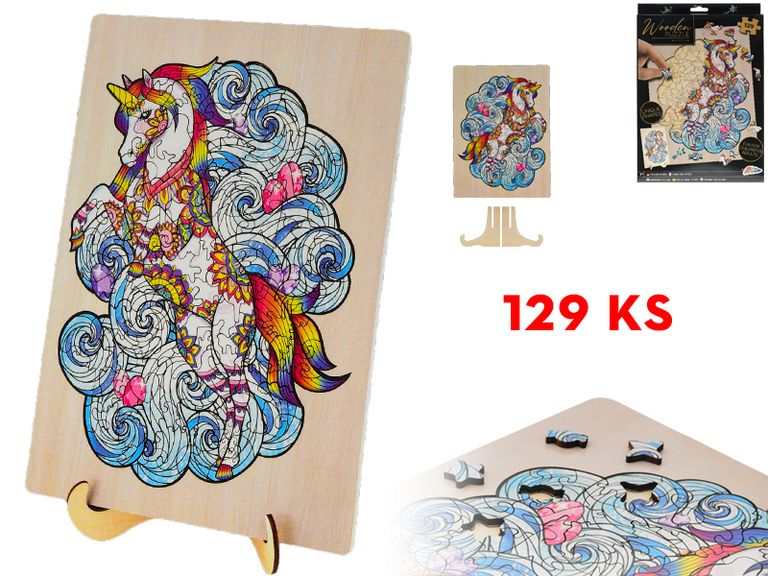 Dřevěné puzzle - Unikátní tvary Jednorožec 130 dílků