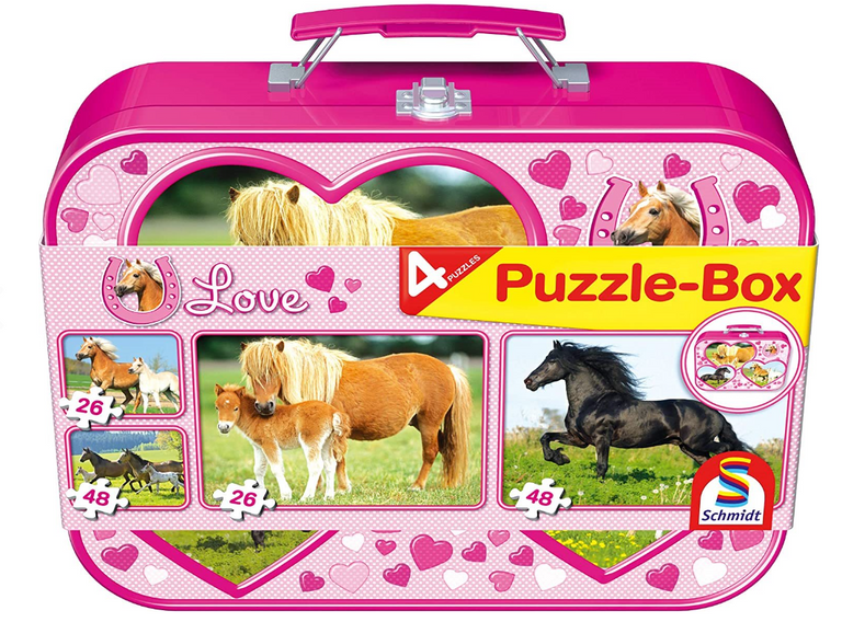 SCHMIDT Puzzle Koně 4v1 v plechovém kufříku (26,26,48,48 dílků)