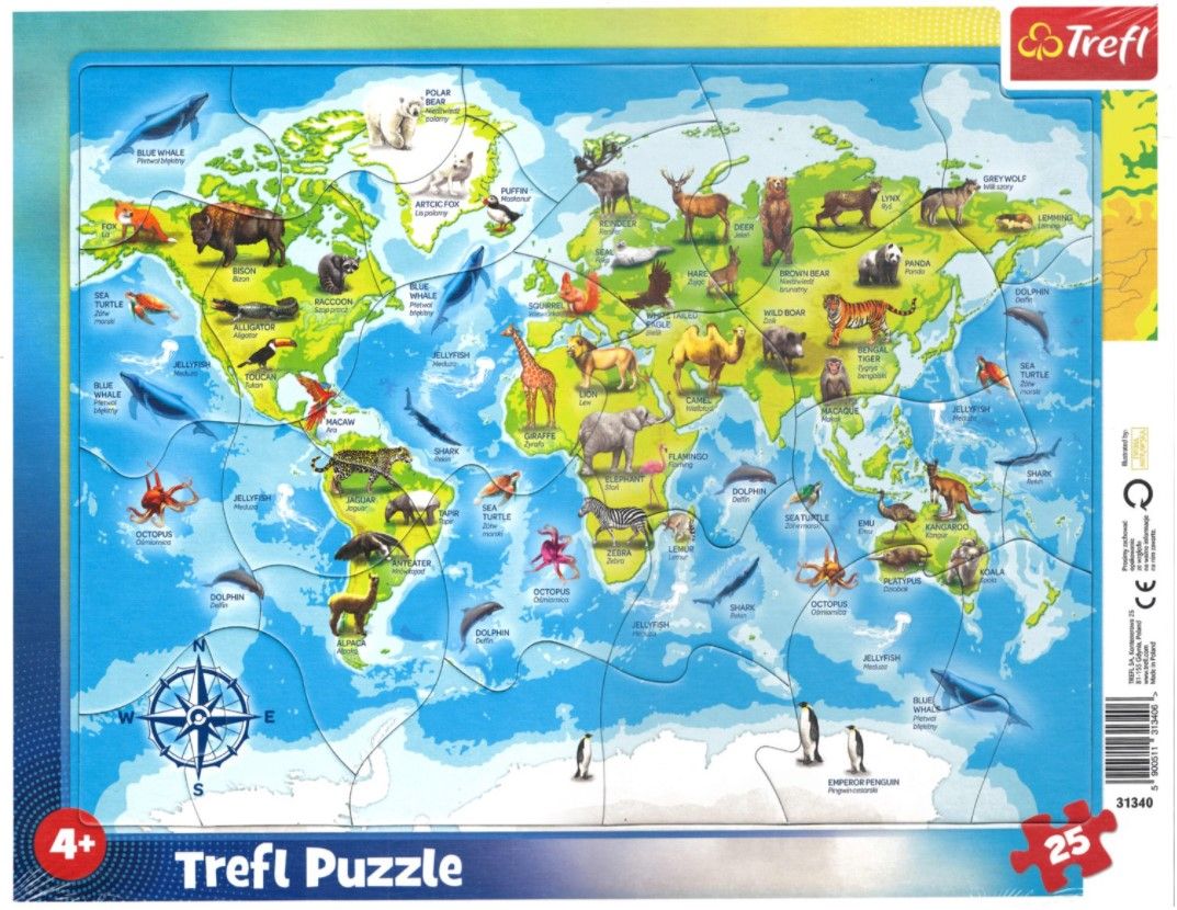 Puzzle Mapa světa se zvířátky 25 dílků
