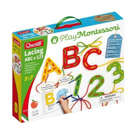 Obrázek produktu: Quercetti Lacing ABC + 123 alphabets and numbers – provlékací souprava s písankou a omalovánkami