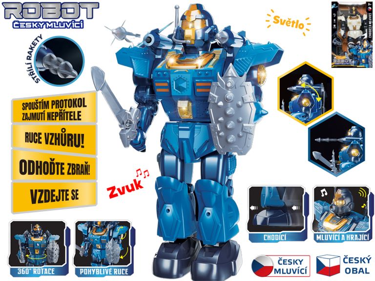 Mikro Trading Robot 33cm na baterie česky mluvící chodící s doplňky, světlem a zvukem 2 barvy
