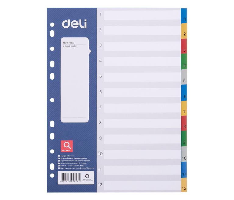 Rozdělovač barevný DELI číselný A4 12 listů