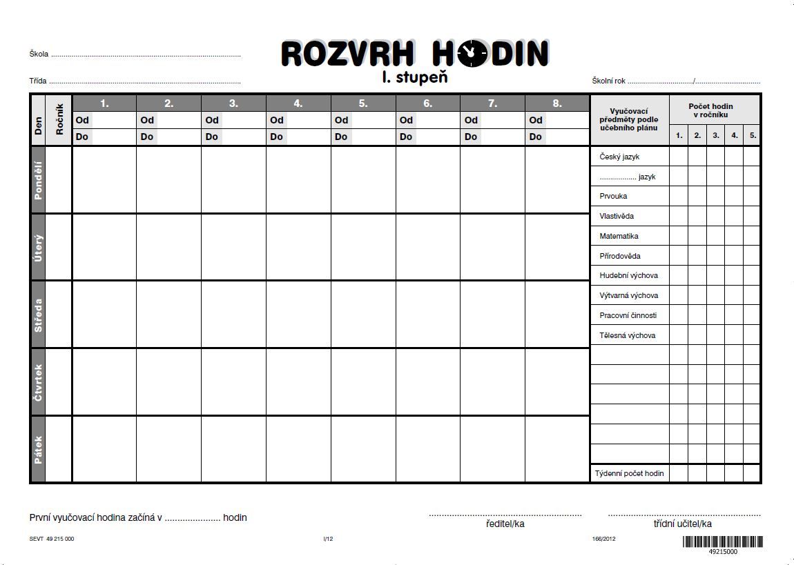 Rozvrh hodin - 1.stupeň (s předměty)