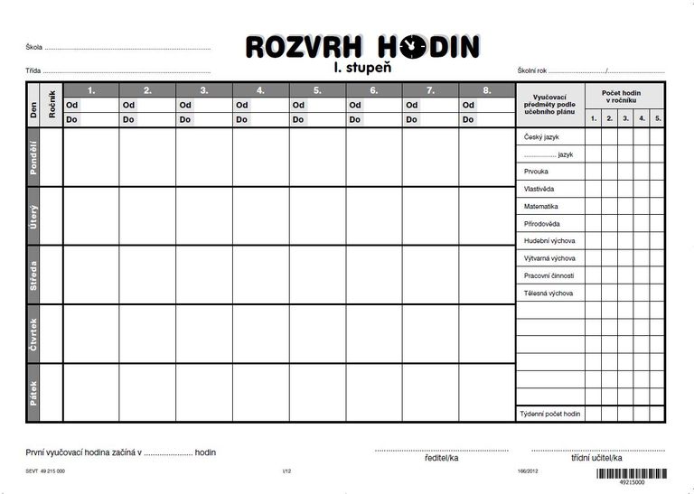 Rozvrh hodin - 1.stupeň (s předměty)