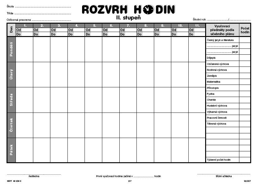 Rozvrh hodin - 2.stupeň (s předměty)