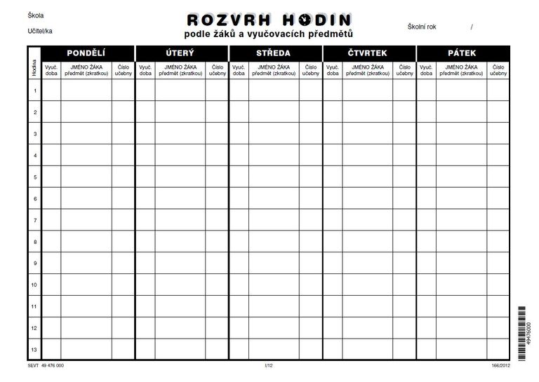 Rozvrh hodin podle žáků a vyučovacích předmětů