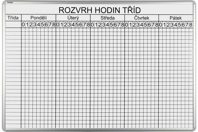 Rozvrhová tabule ekoTAB 70 × 100 cm, s týdenním rozvrhem hodin pro 26 tříd