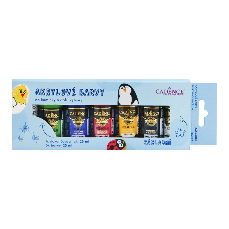 Sada akrylových barev Cadence - základní odstíny, 6 × 25 ml + dokončovací lak