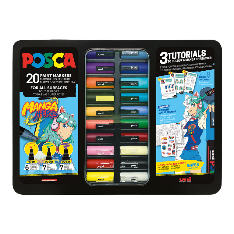 Sada akrylových popisovačů POSCA Manga Hero - PC-1M/PC-3M/PC-5M - mix barev 20 ks