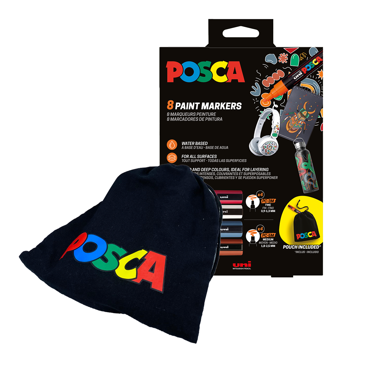 Sada akrylových popisovačů POSCA - PC-3M/ PC-5M, s bavlněným pytlíkem - 4 ks, mix barev - 8 ks