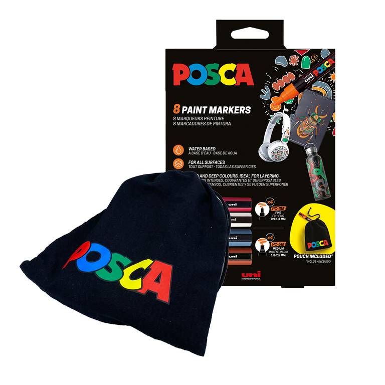 Sada akrylových popisovačů POSCA - PC-3M/ PC-5M, s bavlněným pytlíkem - 4 ks, mix barev - 8 ks