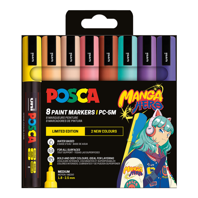 Sada akrylových popisovačů POSCA - PC-5M, Manga Hero - Limitovaná edice, 1,8 - 2,5 mm, mix barev - 8