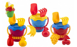 Obrázek produktu: Sada na písek plast kbelík se sítkem 15 x 13 cm, lopatka, hrabičky, 2 bábovky, mix