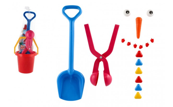 Sada na stavění sněhuláka plast kbelík, tvořítko na koule, lopatka, mrkev, knoflíky