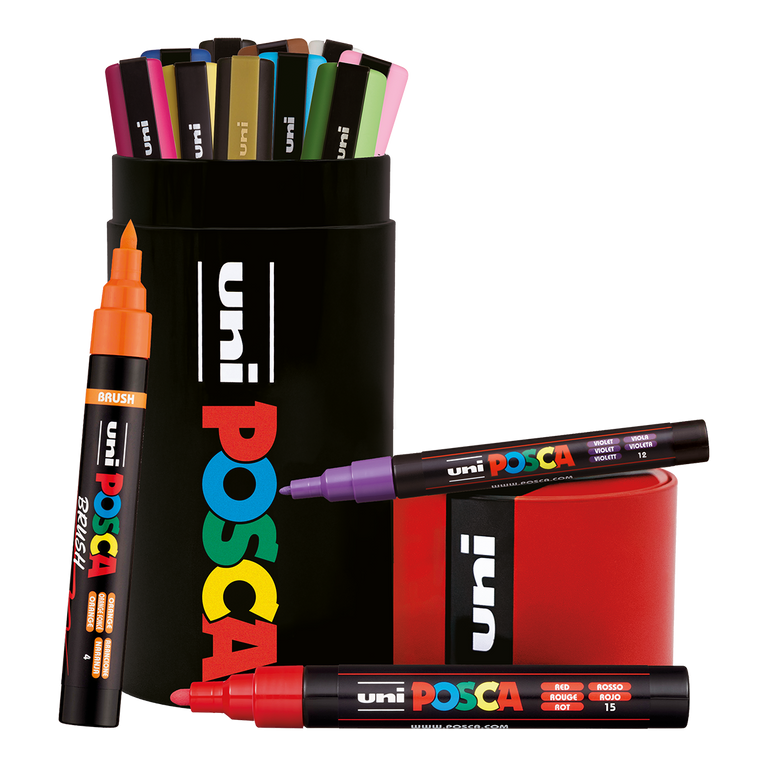 Sada popisovačů POSCA - plechová dóza, PC-3M, PC-5M, PC-5BR, mix 13 barev