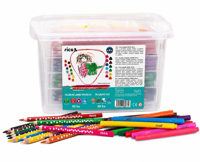 Sada RICO 120 ks – 60 JUMBO trojbokých pastelek + 60 trojbokých fixů, PP box
