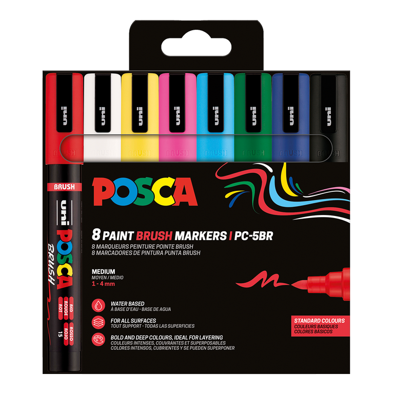 Sada štětcových popisovačů POSCA - PC-5BR, 1 - 4 mm, základní barvy - 8 ks