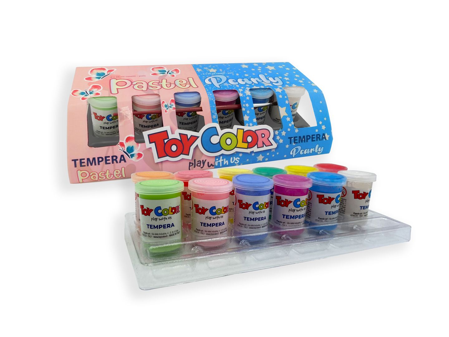 Sada temperových barev TOY COLOR - perleťové a pastelové odstíny, 12 barev+paleta, štětec