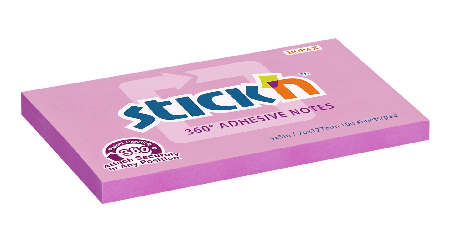 Samolepicí bloček Stick'n 360° 76 × 127 mm, 100 lístků, růžový