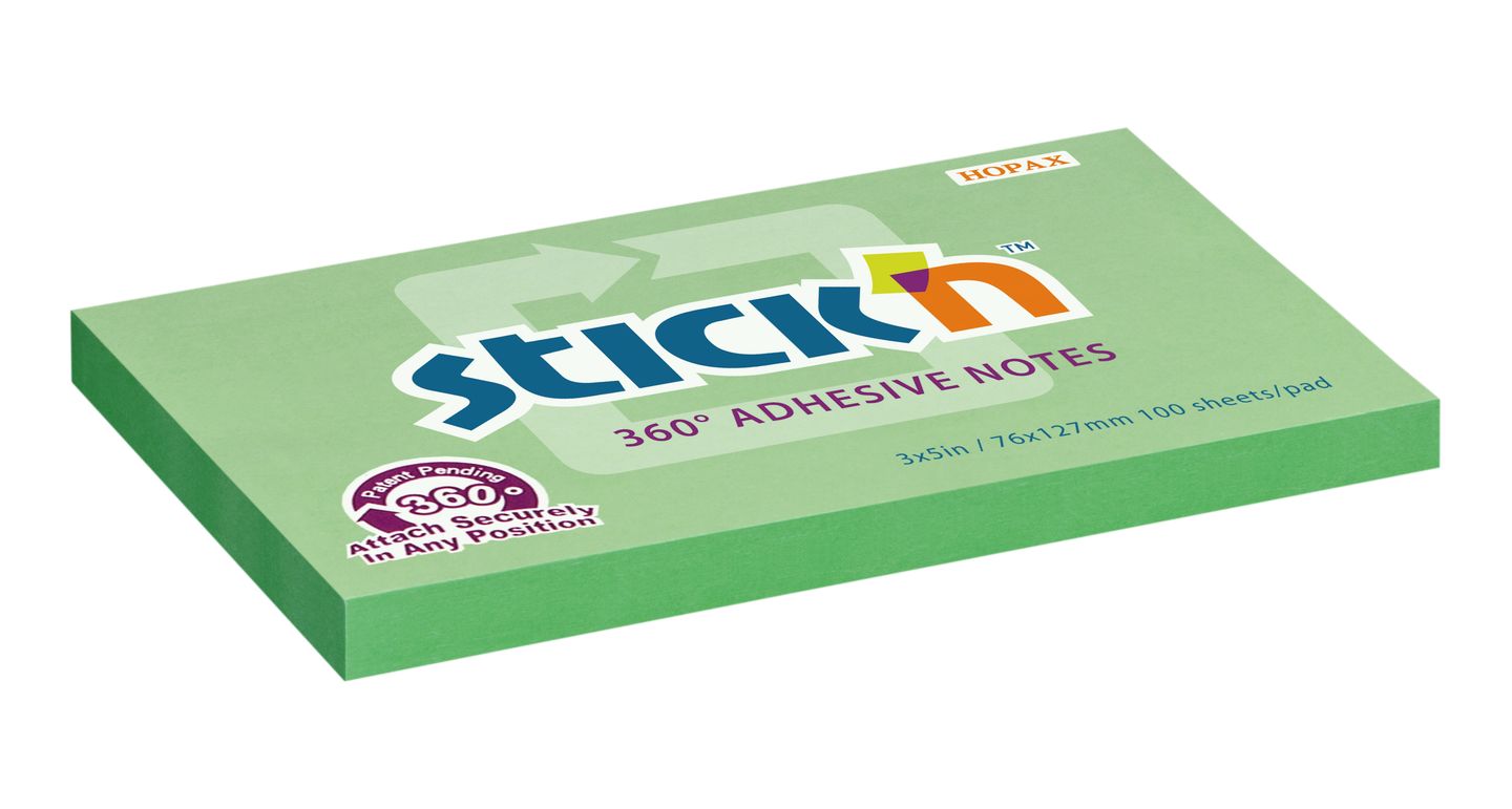 Samolepicí bloček Stick'n 360° 76 × 127 mm, 100 lístků, zelený