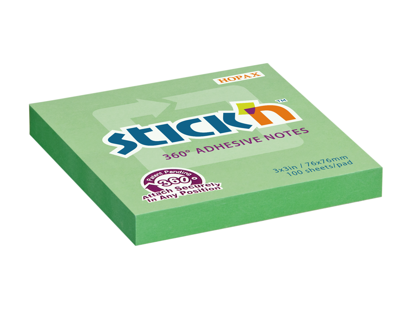 Samolepicí bloček Stick'n 360° 76 × 76 mm, 100 lístků, zelený