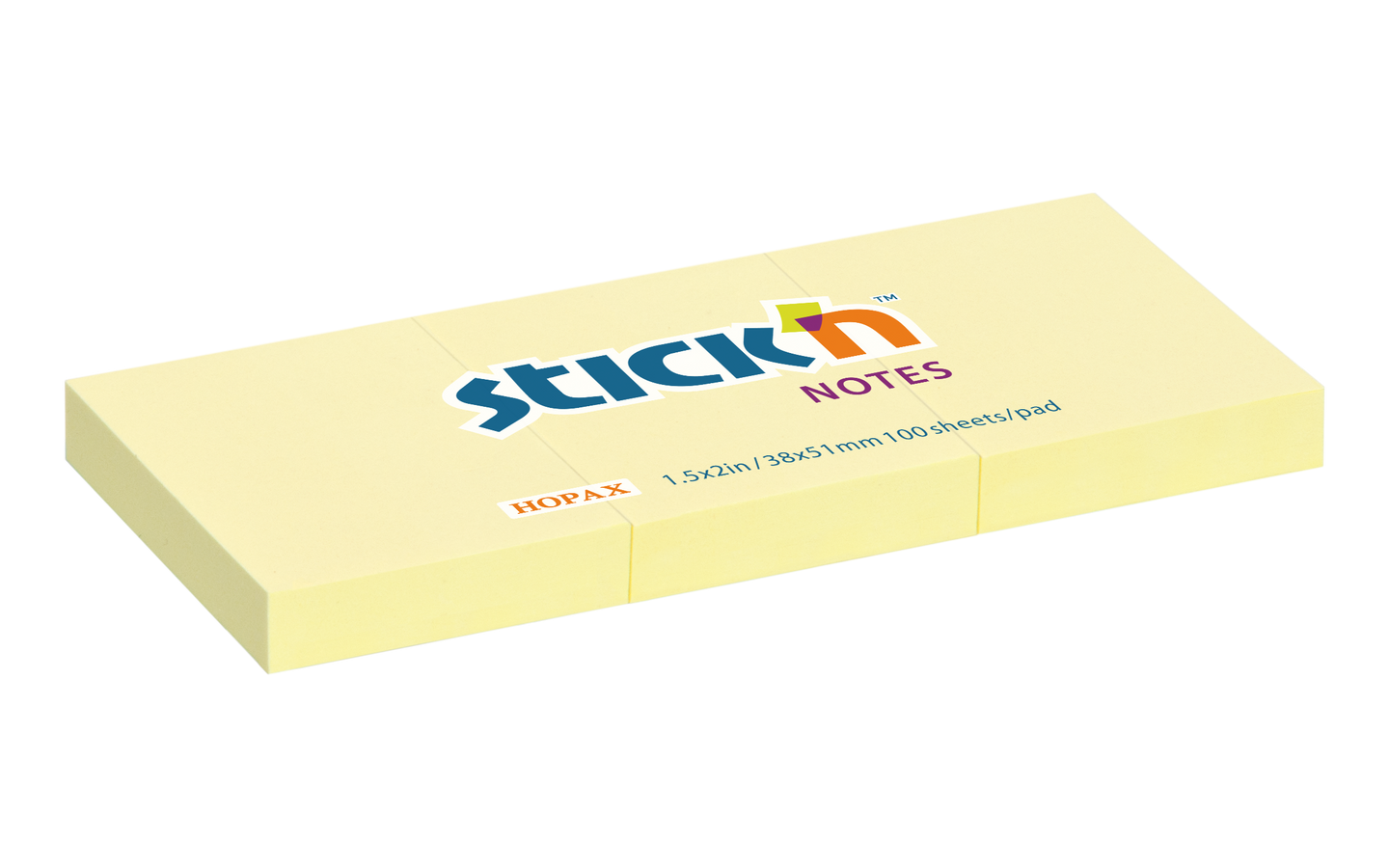 Samolepicí bloček Stick'n 38 × 51 mm, 3 × 100 lístků, žlutý