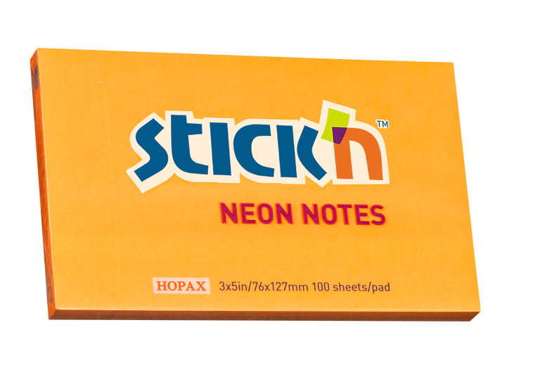 Samolepicí bloček Stick'n 76 × 127 mm, 100 lístků, neonově oranžový