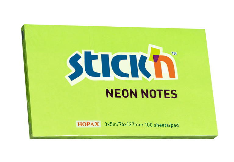 Samolepicí bloček Stick'n 76 × 127 mm, 100 lístků, neonově zelený