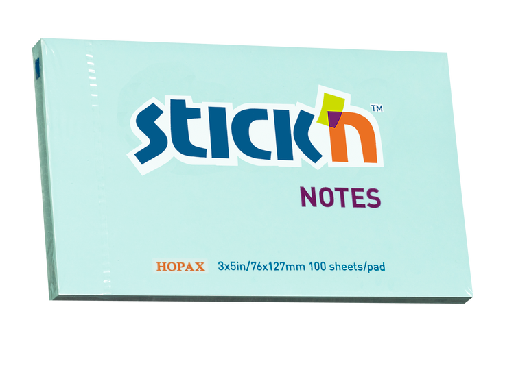 Samolepicí bloček Stick'n 76 × 127 mm, 100 lístků, pastelově modrý