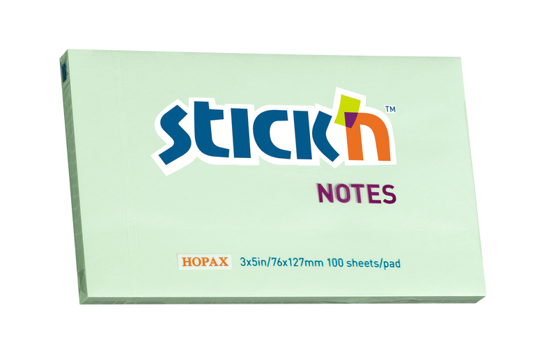 Samolepicí bloček Stick'n 76 × 127 mm, 100 lístků, pastelově zelený