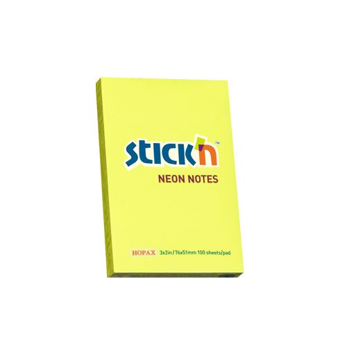 Samolepicí bloček Stick'n 76 × 51 mm, 100 lístků, neonově žlutý