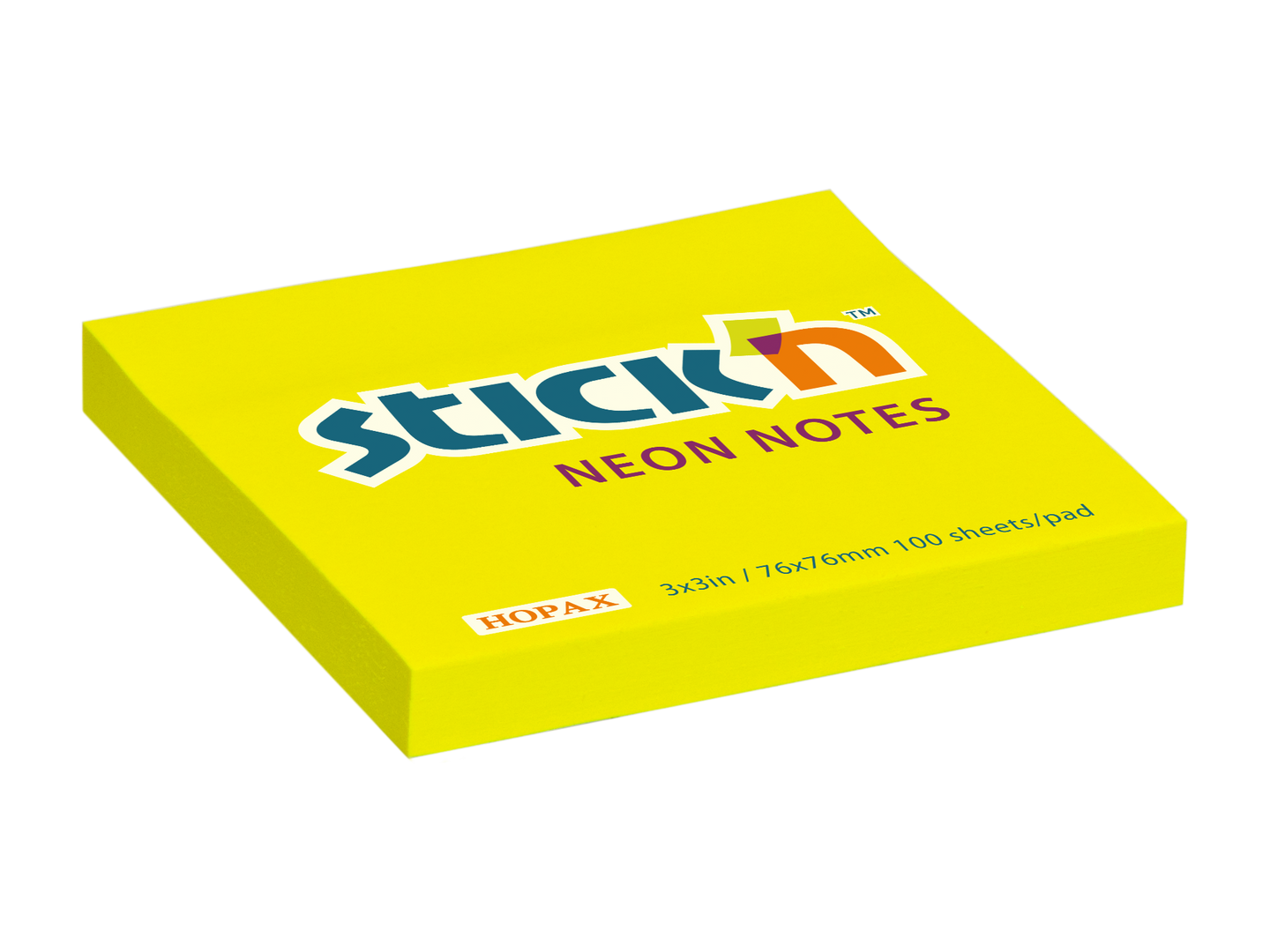 Samolepicí bloček Stick'n 76 × 76 mm, 100 lístků, neonově žlutý