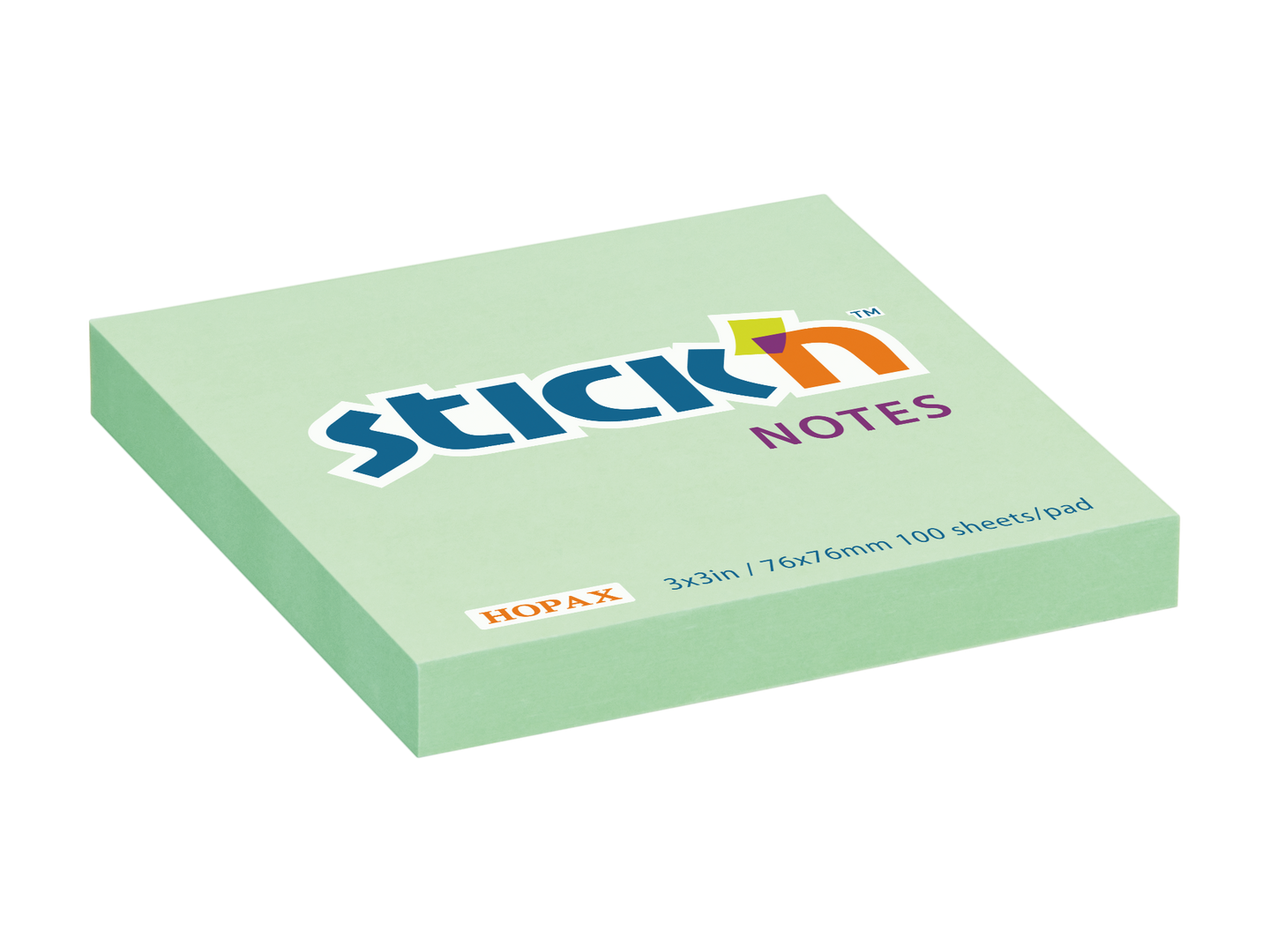 Samolepicí bloček Stick'n 76 × 76 mm, 100 lístků, pastelově zelený