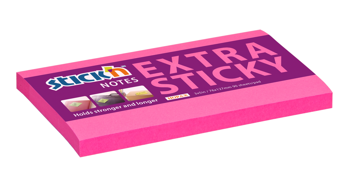 Samolepicí bloček Stick'n Extra Sticky 76 × 127 mm, 90 lístků, neonově růžový