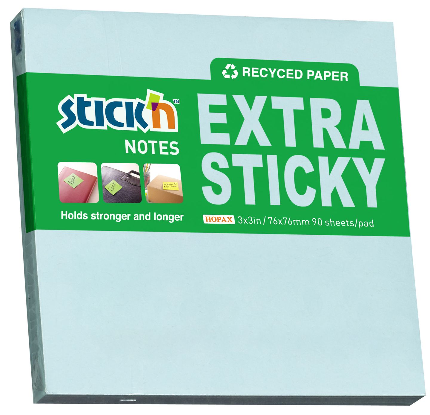 Samolepicí bloček Stick'n Extra Sticky 76 × 76 mm, 90 lístků, recyklovaný pastelově modrý