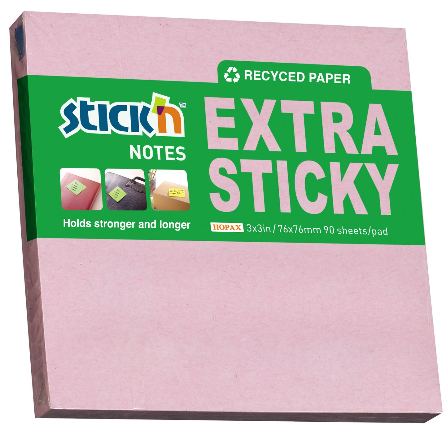 Samolepicí bloček Stick'n Extra Sticky 76 × 76 mm, 90 lístků, recyklovaný pastelově růžový