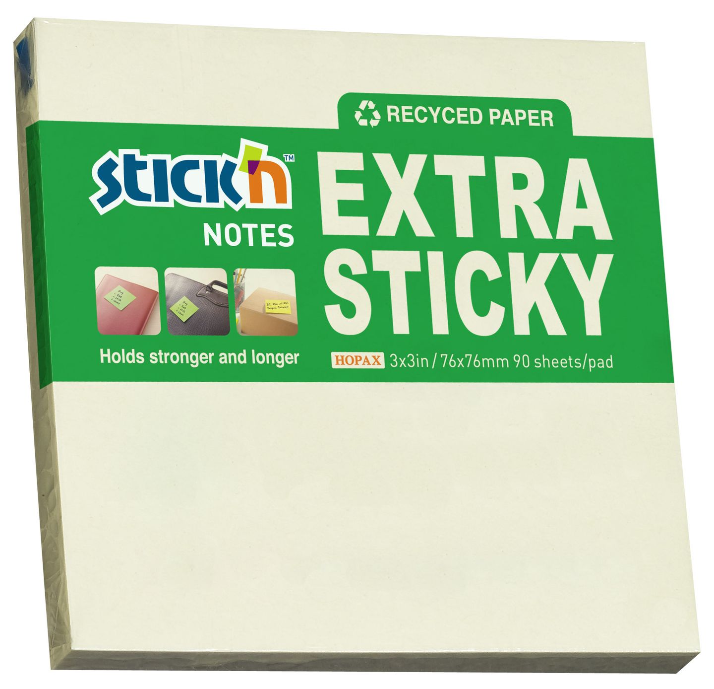 Samolepicí bloček Stick'n Extra Sticky 76 × 76 mm, 90 lístků, recyklovaný pastelově žlutý