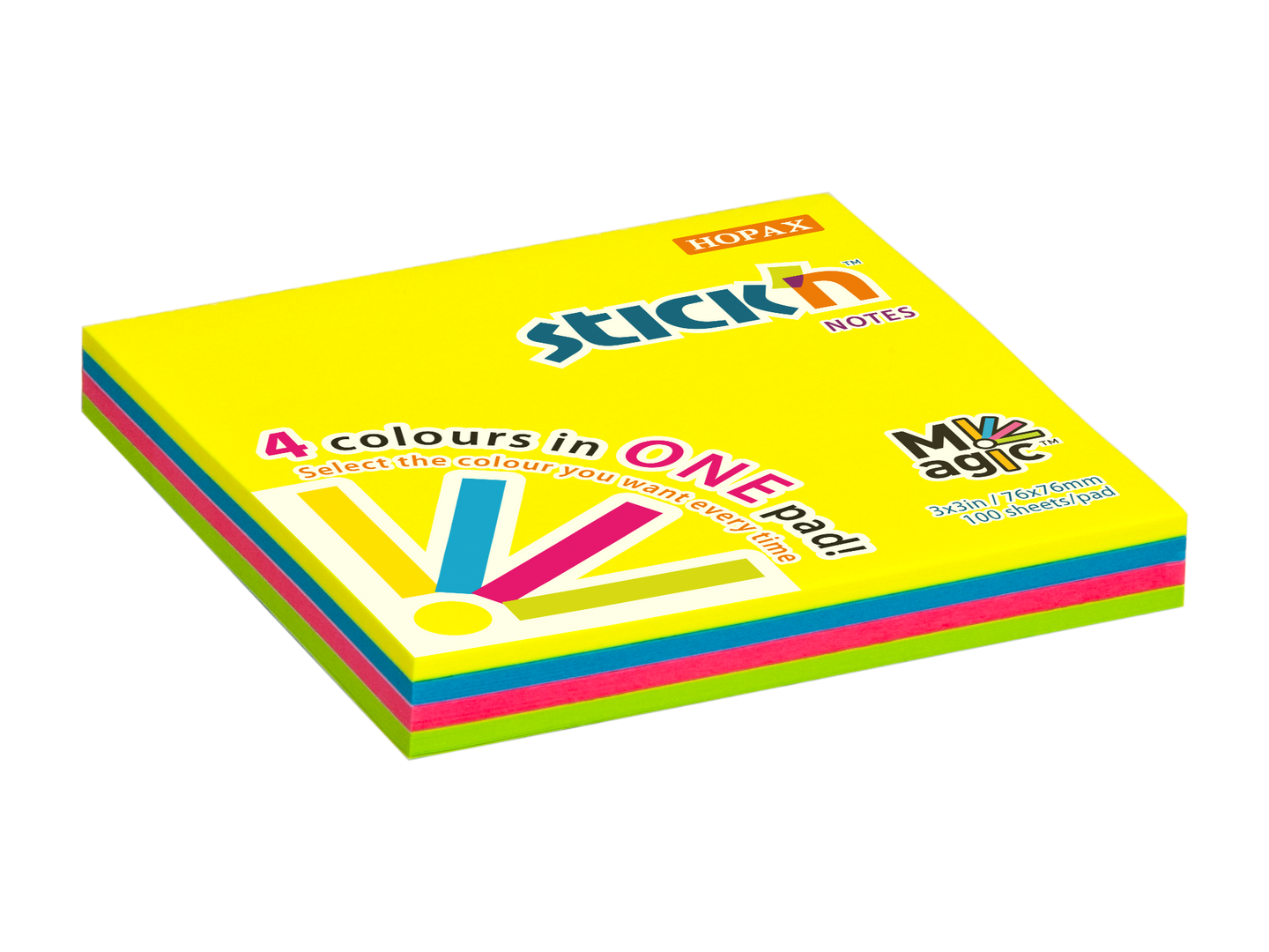 Samolepicí bloček Stick'n Magic 76 × 76 mm, 100 lístků, 4 neonové barvy