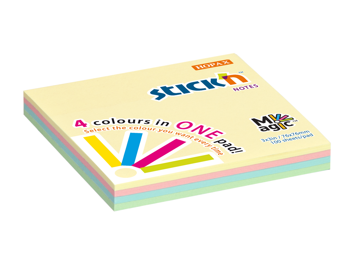 Samolepicí bloček Stick'n Magic 76 × 76 mm, 100 lístků, 4 pastelové barvy