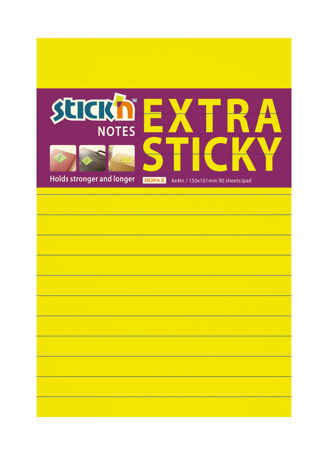 Samolepicí blok Stick'n Extra Sticky 150 × 101 mm, 90 lístků, neonově žlutý, linkovaný