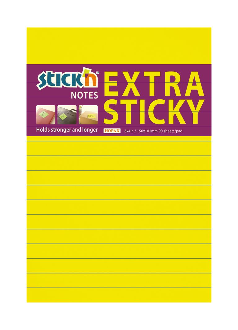 Hopax Stick'n Extra Sticky - samolepicí bloček - 150 × 101 mm, 90 l., žlutý neon